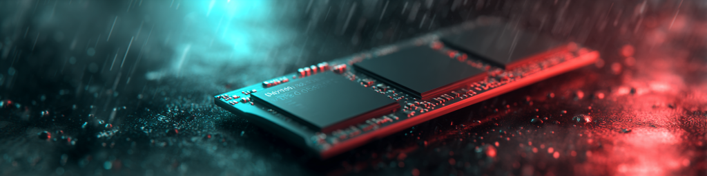 Red-blue backlit RAM module, rainy textured surface, computer memory chip, tech lighting, semiconductor hardware