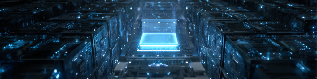Blue-glowing central chip, stacked tech cubes, dark circuitry space, futuristic semiconductor array, advanced tech infrastructure component
