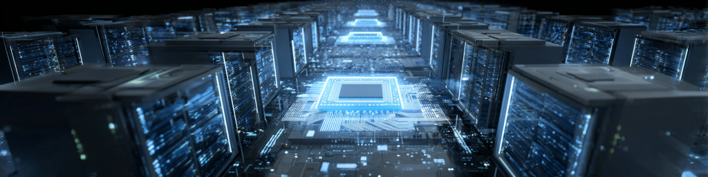 Blue-glowing microchip, circuitry texture, server racks, tech-themed data center infrastructure, digital computing hardware