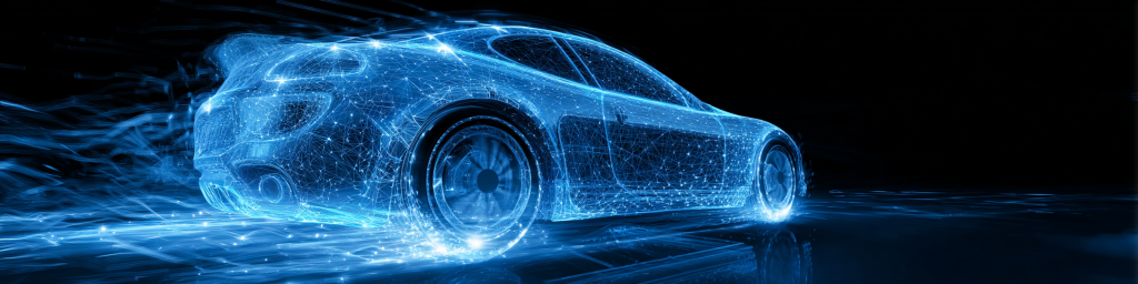 Blue glowing network-structure sports car, speed light trails, dark backdrop, futuristic tech vehicle concept, digital automotive design