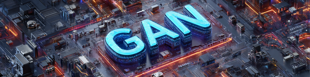 Blue-lit 'GAN' text, circuitry-infused structure, tech city backdrop, gallium nitride semiconductor concept, advanced electronics graphic