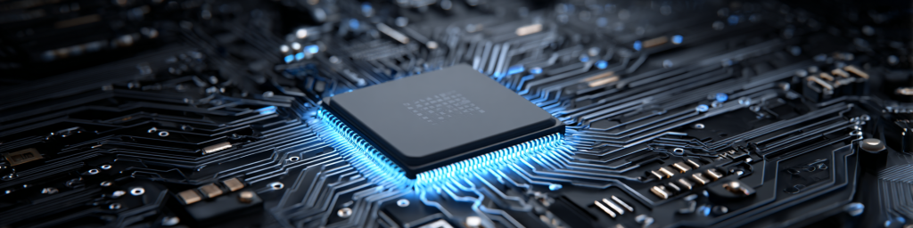 Bright blue-glowing microchip, dark intricate circuit board, electronic components, semiconductor hardware, advanced tech circuitry