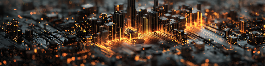 Futuristic cityscape on circuit board backdrop, golden building lights, streaking light trails, bokeh effects, tech-inspired urban architecture graphic