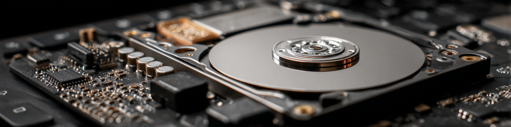 Close-up HDD internal disk platter, circuit board components, hard drive storage device, electronic hardware detail