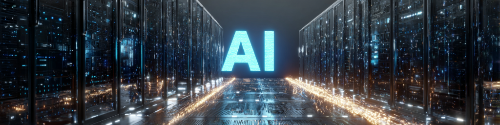 Data center aisle, glowing blue 'AI' sign between server racks, golden light accents, AI computing infrastructure visualization