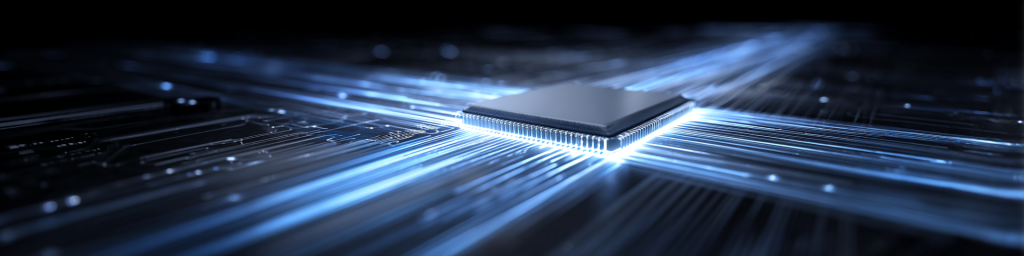 Glowing blue-lit microchip, radiating light streams, dark circuitry base, semiconductor hardware, futuristic tech component