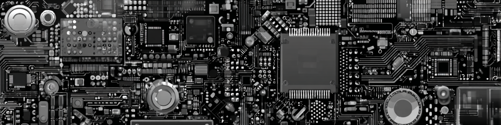 Monochrome circuit board, diverse electronic components, large integrated chip, semiconductor hardware, tech circuitry layout