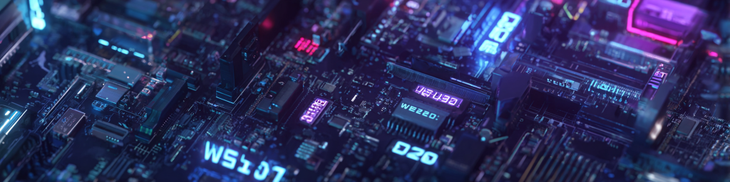 Neon-lit circuit board, glowing component labels (WE220, WS107), blue-purple lighting, dense electronic components, advanced tech hardware close-up