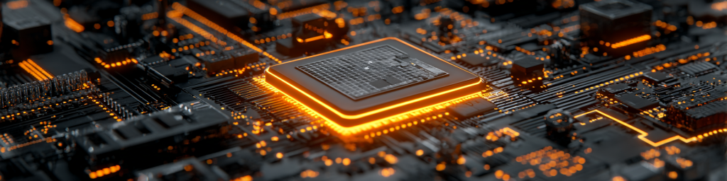 Orange-glowing central chip, dark circuit board, illuminated circuitry, semiconductor hardware, advanced tech component