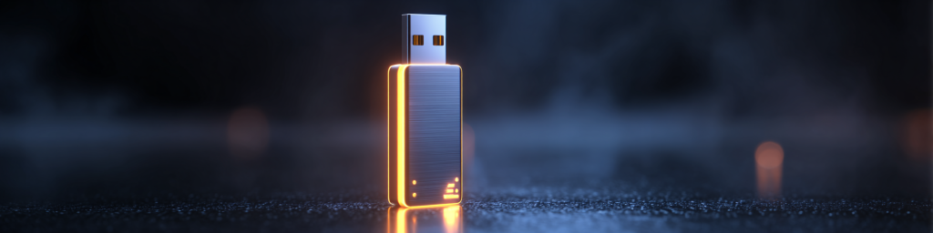 Orange-lit USB flash drive, metallic finish, dark textured surface, tech storage device, glowing portable data stick
