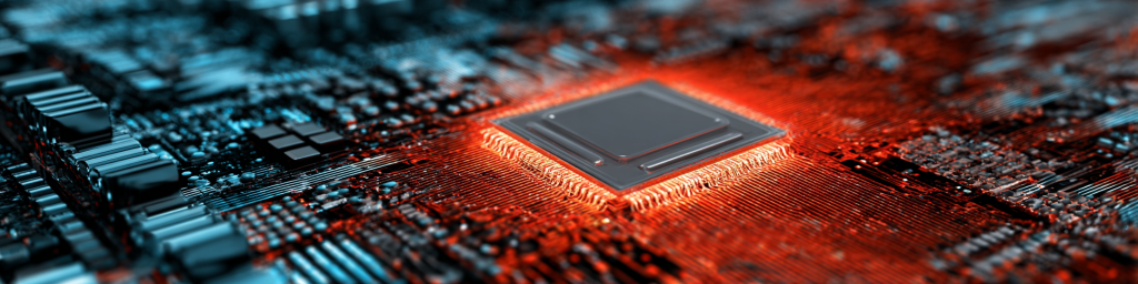 Red-orange illuminated microchip, contrasting blue-red circuit board, semiconductor component, advanced electronic hardware, intricate circuitry design