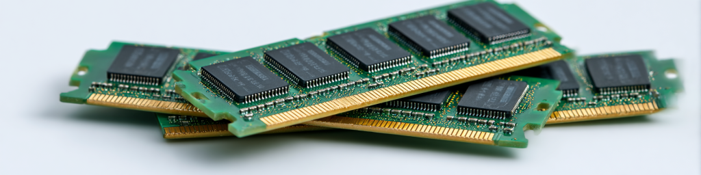 Stacked green RAM modules, black memory chips, gold contact pins, computer memory hardware close-up