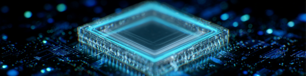 Transparent blue-lit square chip, circuitry backdrop, bokeh light accents, futuristic semiconductor component, advanced tech hardware graphic