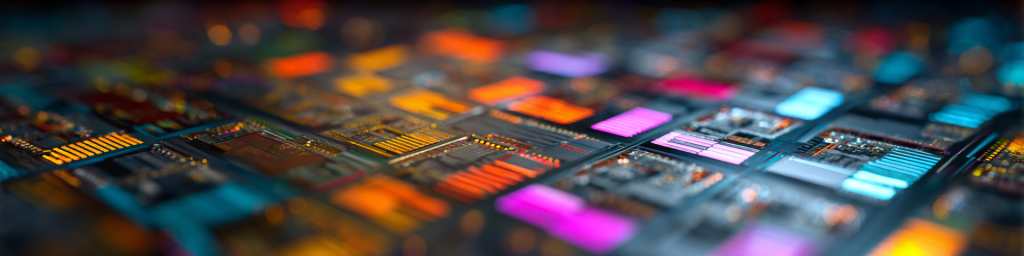 Vibrant multi-colored circuit board grid, orange-pink-blue glowing accents, bokeh effects, dense electronic components, tech hardware texture graphic