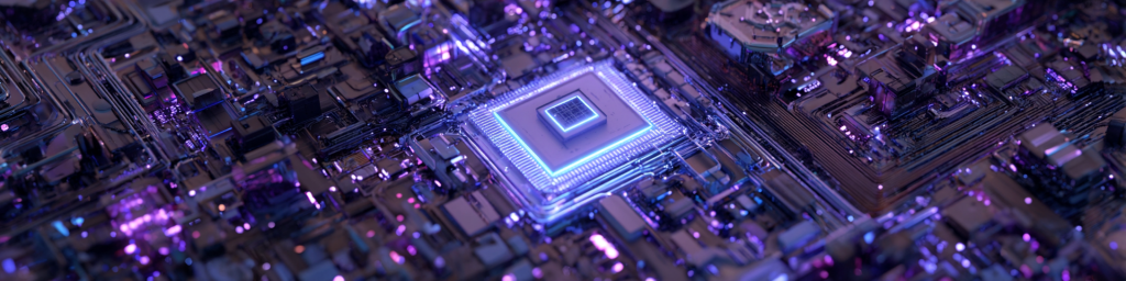 Blue-glowed semiconductor chip on purple-lit circuit board, glowing electronic components, high-tech hardware close-up