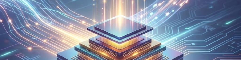 Layered glowing chip stack, gold and blue light streaks, circuit pattern backdrop, advanced computing hardware visualization