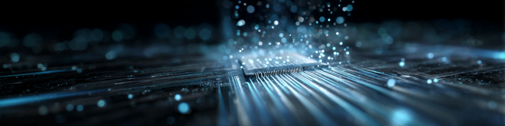 Blue light radiating from circuit board edge, glowing bokeh particles, high-speed data transfer visualization, tech abstract backdrop