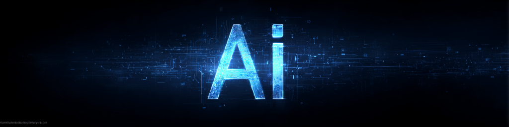Glowing blue AI text formed by circuit lines on black backdrop, artificial intelligence digital concept, futuristic tech banner