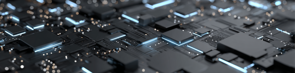 Dark metallic circuit plane with cyan glowing edges and micro light particles, futuristic electronic hardware texture, advanced computing backdrop