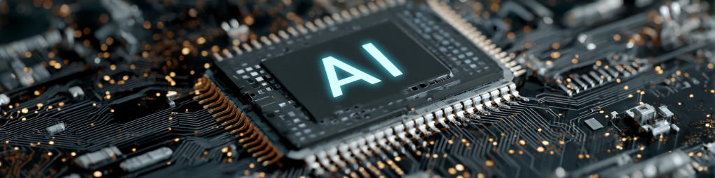 Glowing AI-emblem chip on gold-traced circuit board, high-tech AI hardware component close-up