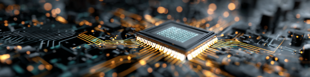 Gold-traced grid chip on circuit board, golden circuit lines, orange bokeh accents, high-tech electronic component close-up