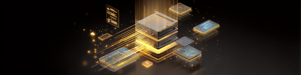 Golden layered chip stack, glowing light streaks, floating circuit chips, futuristic AI computing cluster visualization