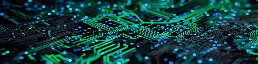Green-traced circuit board with blue light dots, high-tech electronic component close-up