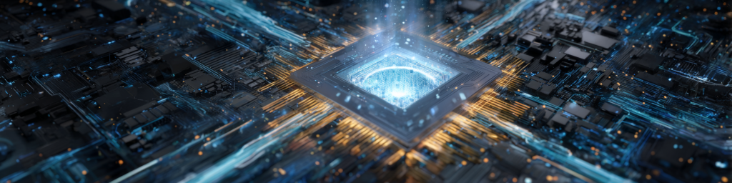 Luminous blue grid core chip on gold-traced circuit plane, digital computing visualization, high-tech AI hardware concept