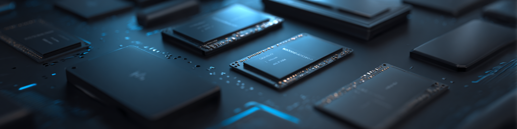 Matte black semiconductor chips arranged on dark circuit plane, blue tech accents, advanced electronic hardware close-up