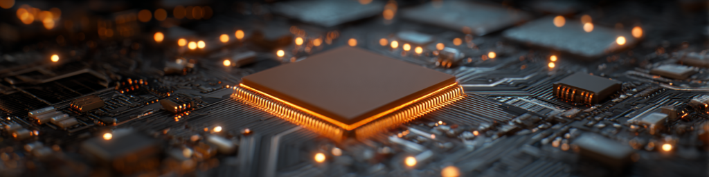 Orange-edged semiconductor chip on circuit board, glowing light accents, high-tech electronic hardware close-up