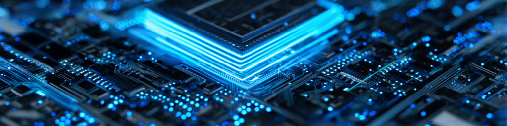 Semiconductor chip on circuit board, glowing blue V-shaped lines, tiny blue light dots, high-tech electronic hardware close-up