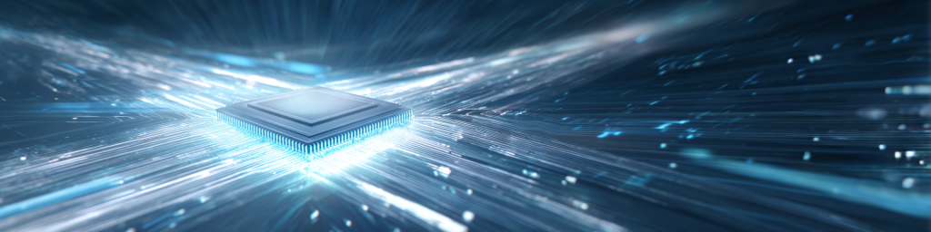 Central semiconductor chip surrounded by radial blue light streaks, high-speed computing visualization, futuristic tech backdrop banner