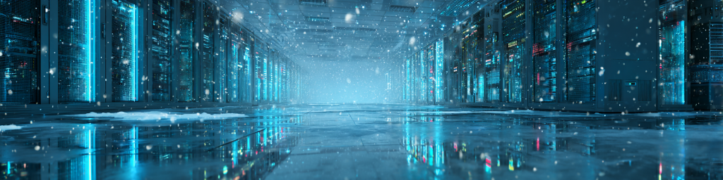 Snowing data center corridor, blue-lit server racks, icy reflective floor, futuristic tech infrastructure, extreme cold digital facility visualization