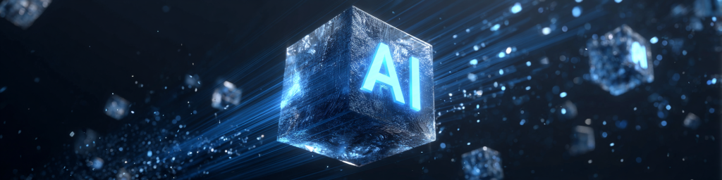Translucent AI cube with glowing blue text, blue light trails, space-themed tech abstract visualization