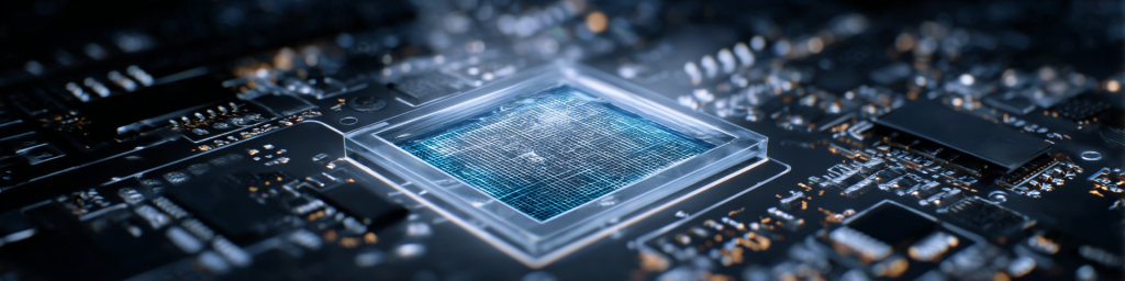 Transparent-encapsulated blue grid core chip on black-gold circuit board, high-tech electronic component close-up, advanced computing hardware visualization