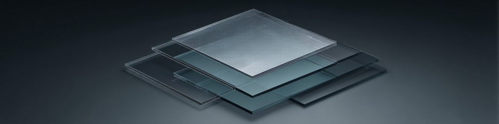 Transparent line-textured plates (stacked), dark backdrop, modern sleek material design concept
