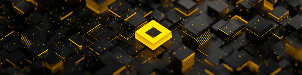 Yellow central cube, black block cluster with gold accents, futuristic tech abstract graphic