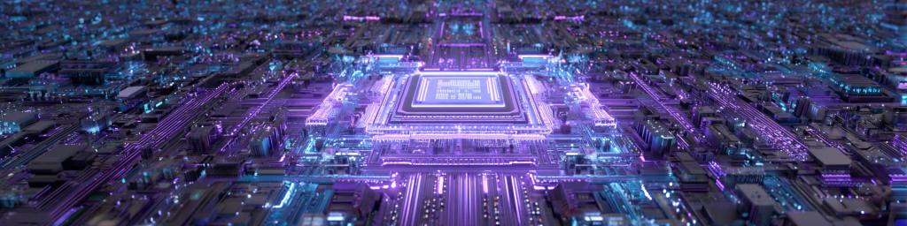 Panoramic view of a futuristic digital cityscape built from glowing purple and blue circuit boards, centered on a luminous square processor, representing advanced computing infrastructure, smart city technology, and the convergence of hardware and urban systems