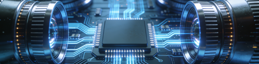 Close-up of dual precision industrial camera lenses flanking a glowing central ISP chip on a blue-lit circuit board, representing the trade-offs between lens, lighting, and image signal processing in industrial vision systems