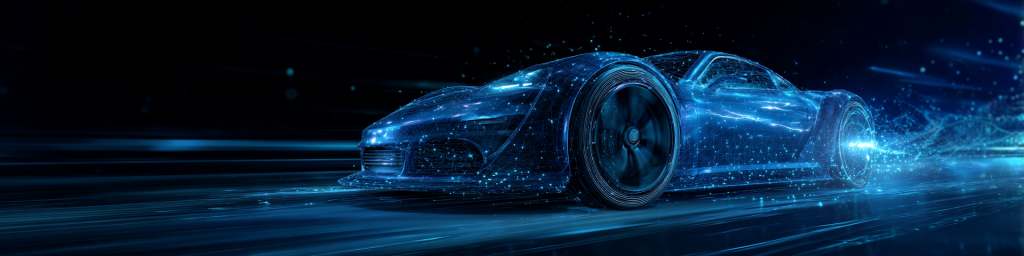 Futuristic blue holographic wireframe sports car made of glowing particles, digital speed visualization on dark backdrop, automotive tech concept banner