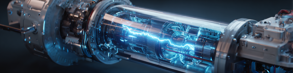 Futuristic transparent tubular reactor featuring glowing blue plasma arc, metallic mechanical framework, advanced energy generation or particle accelerator visualization