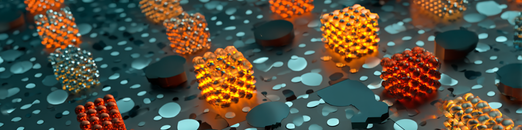 Close-up of glowing orange-red nanoparticle array on teal substrate, quantum dot or advanced nanomaterial visualization, material science research concept