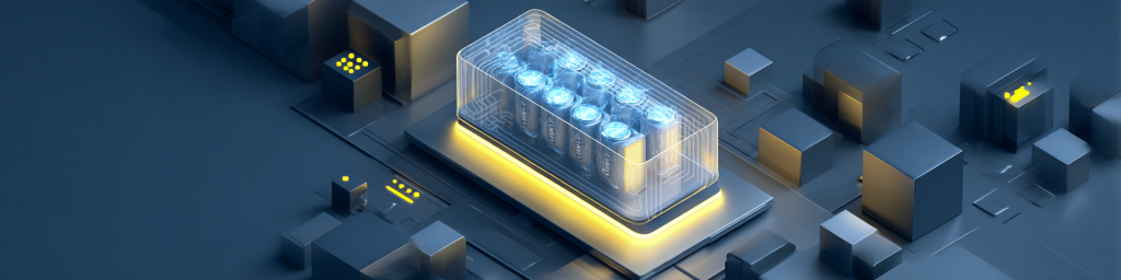 Isometric view of a glowing battery pack in a transparent casing, set on a futuristic tech circuit board environment with blue and gold accents, representing advanced energy storage technology for electric vehicles or renewable systems