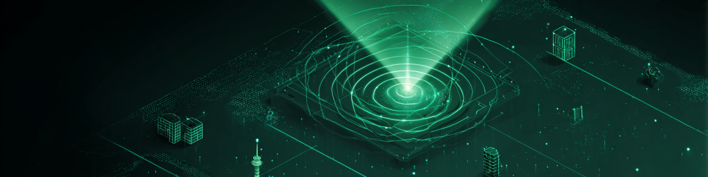 Isometric view of a glowing green chip emitting concentric energy ripples, surrounded by a wireframe digital cityscape on a dark backdrop, representing futuristic smart city infrastructure, data network connectivity, and advanced computing technology