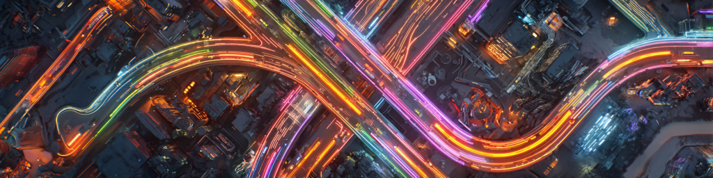 Overhead view of interwoven neon light trails (orange, pink, blue) over futuristic cyber cityscape, dynamic tech urban backdrop