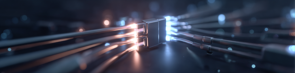 Panoramic close-up of fiber optic connectors emitting glowing orange and blue light beams, high-speed data transmission concept, dark blurred tech network backdrop