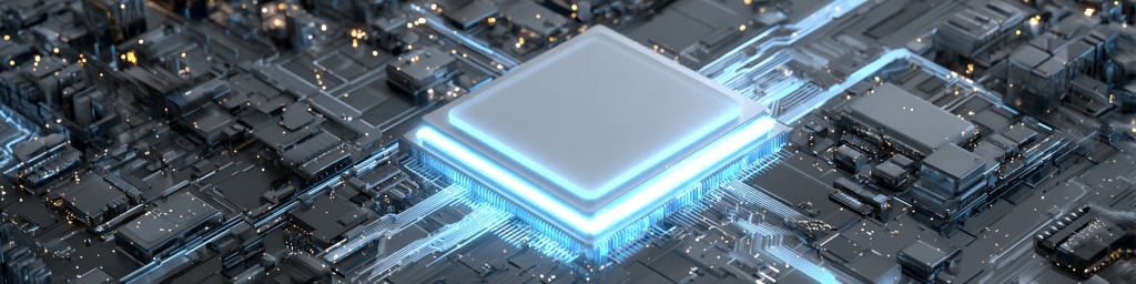 Panoramic close-up of glowing white square semiconductor chip with bright blue backlight, positioned on a futuristic hybrid circuit and urban grid backdrop, advanced computing technology concept banner