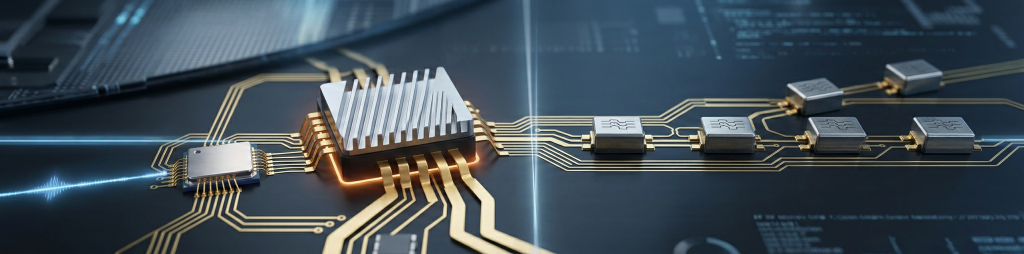 Ultra-wide panoramic view of a high-performance semiconductor chip with a metallic heatsink, connected via glowing gold circuit traces to peripheral components on a dark substrate, illustrating advanced thermal design and high-speed data processing hardware