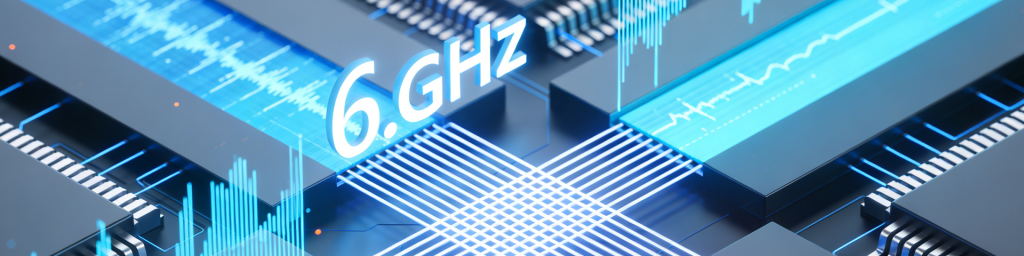4:1 panoramic view of Wi-Fi 7 enterprise hardware, featuring glowing 6GHz signal visualizations, multi-link operation (MLO) circuit traces, and thermal heatmap overlays, representing next-gen enterprise deployment, 6GHz spectrum utilization, and thermal design optimization
