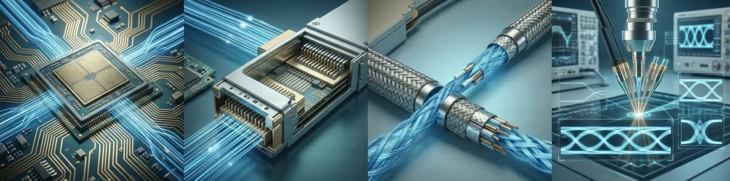 Panoramic view of high-speed data transmission components: CPU, QSFP connector, braided fiber cable, and signal testing, representing next-gen AI server connectivity and high-bandwidth networking technology.